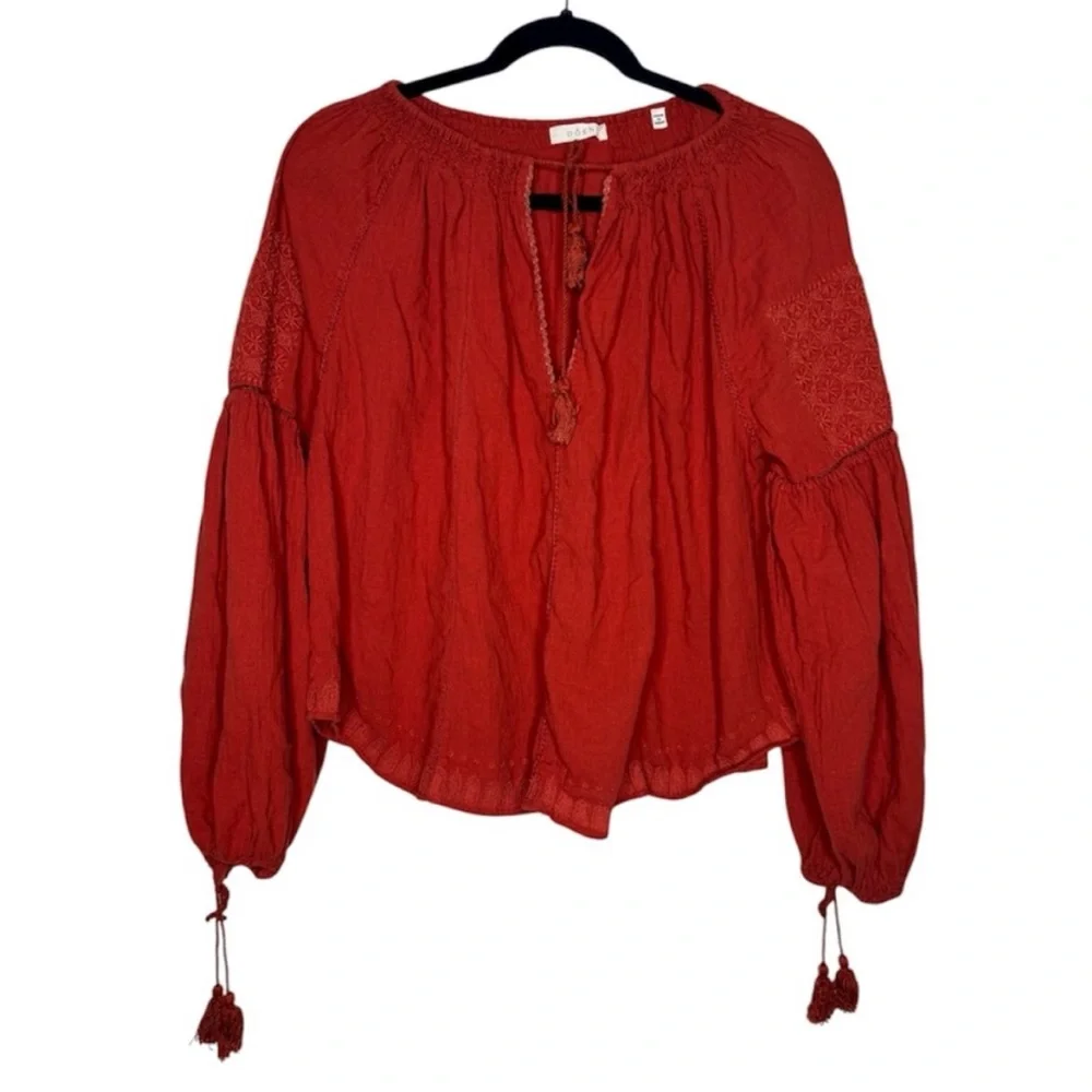 DOEN Source Embroidered Floral Blouse Relaxed Peasant Long Sleeve Top Rust Red